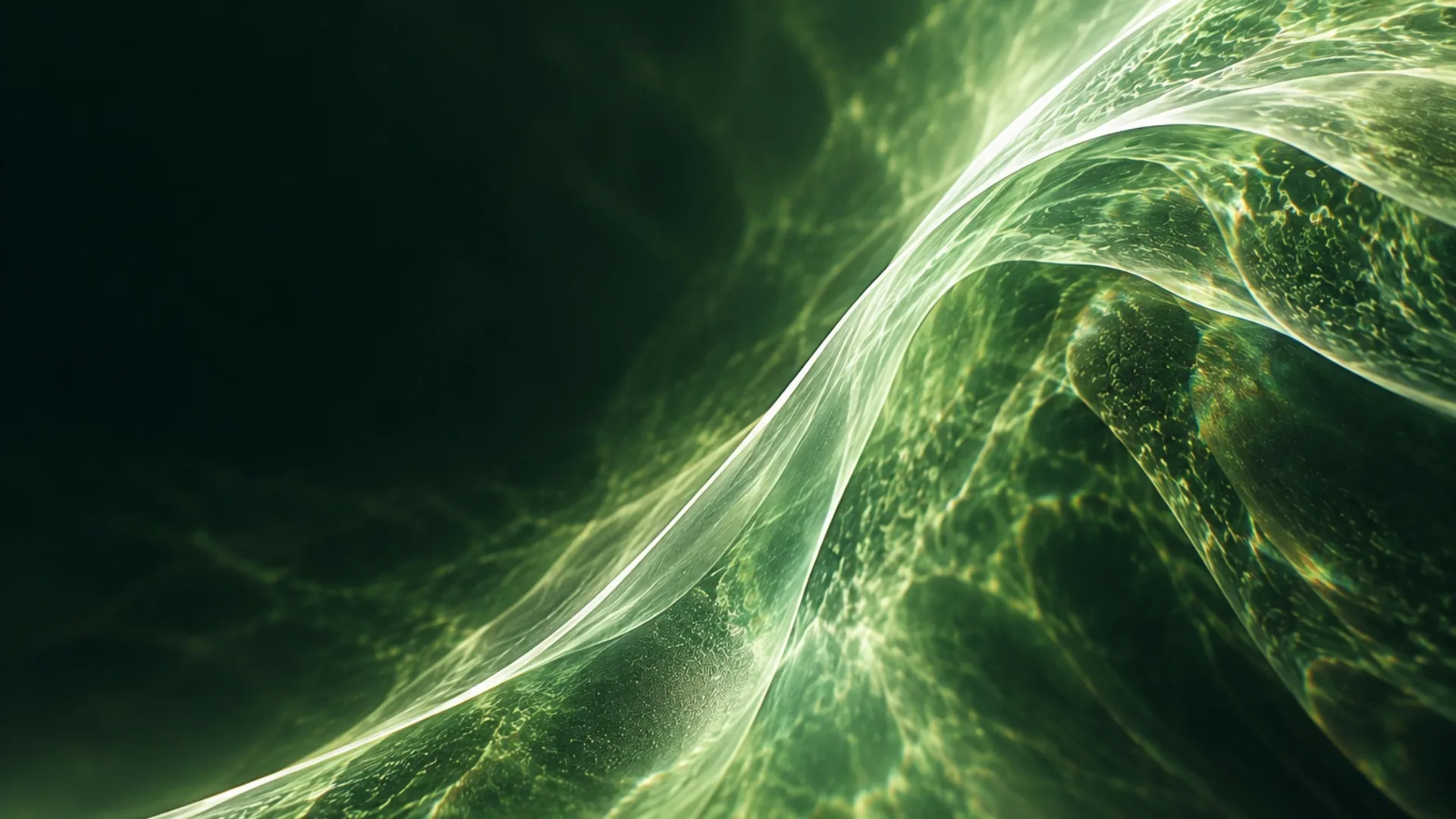 Una onda verde traslúcida que cruza en diagonal un fondo oscuro, con la superficie recorrida por filamentos luminosos y una textura granulada.
